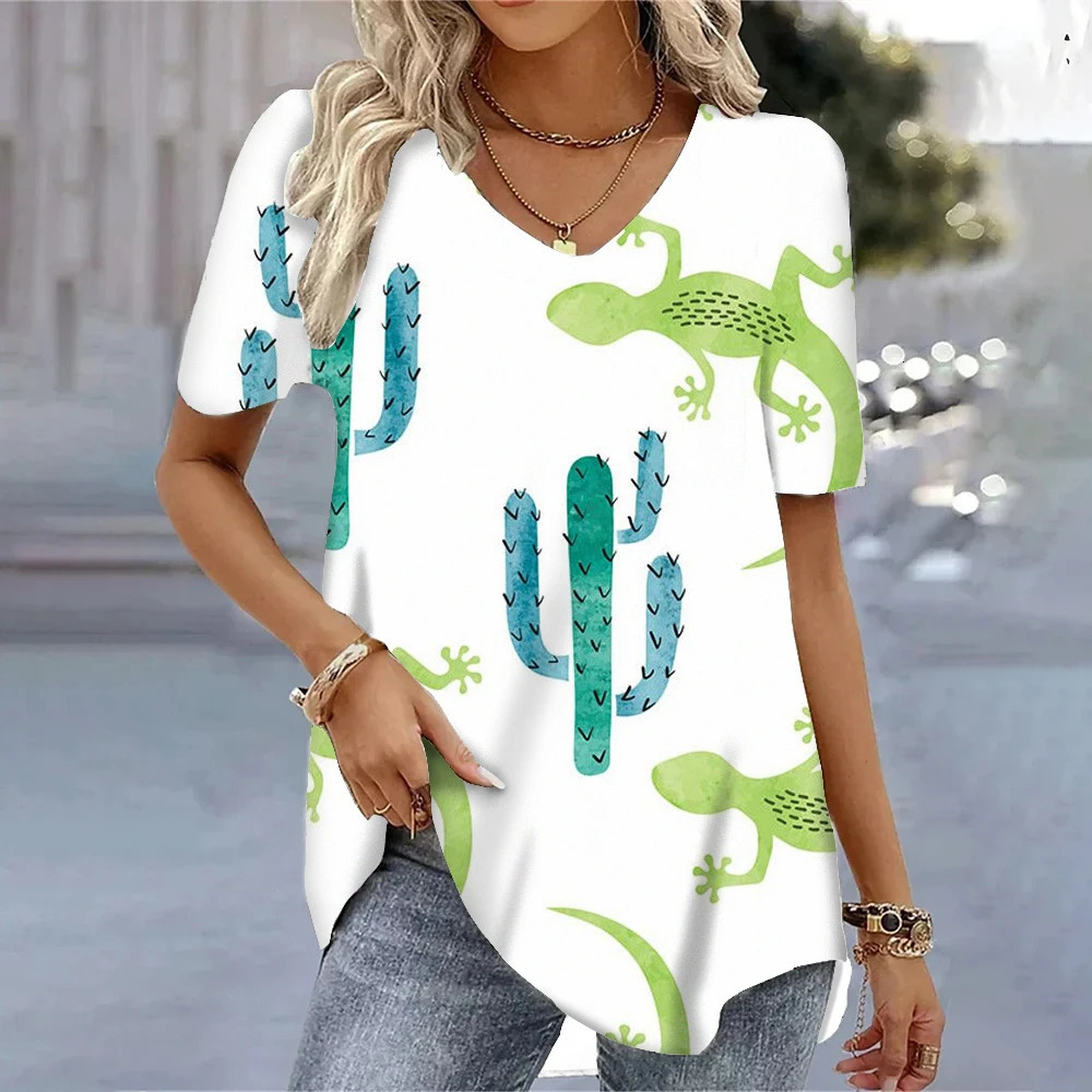 Fashion Cactus Sea Star 3D Printing Woman Clothing Korean Clothes Y2k Clothes Outdoor Oversized V-Neck Womens Shirt 250725