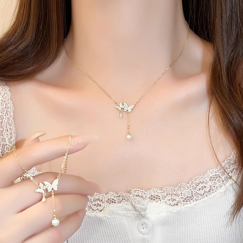Micro Inlay Large and Small Drop Glaze Butterfly Tassel Pendant Necklace for Women, High-end Light Niche Collarbone Chain, 2025 New Model Jewelry for 