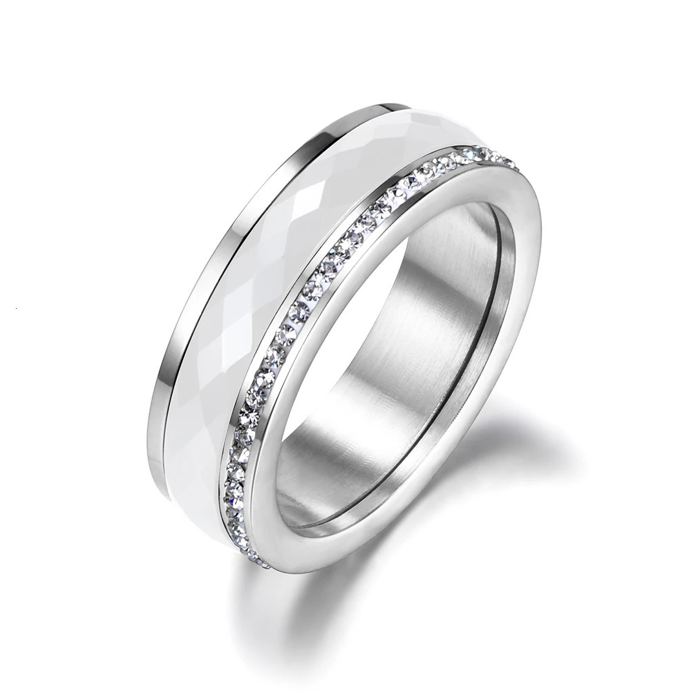 Classic Stainless Steel White/Black Ceramics Ring Jewelry CZ Crystal Wedding Engagement Rings For Women 250729
