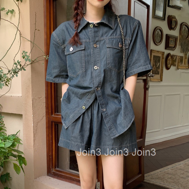Summer New Casual Washed Denim Two-Piece Set Short Sleeve Shirt Top vs Shorts Set for Women