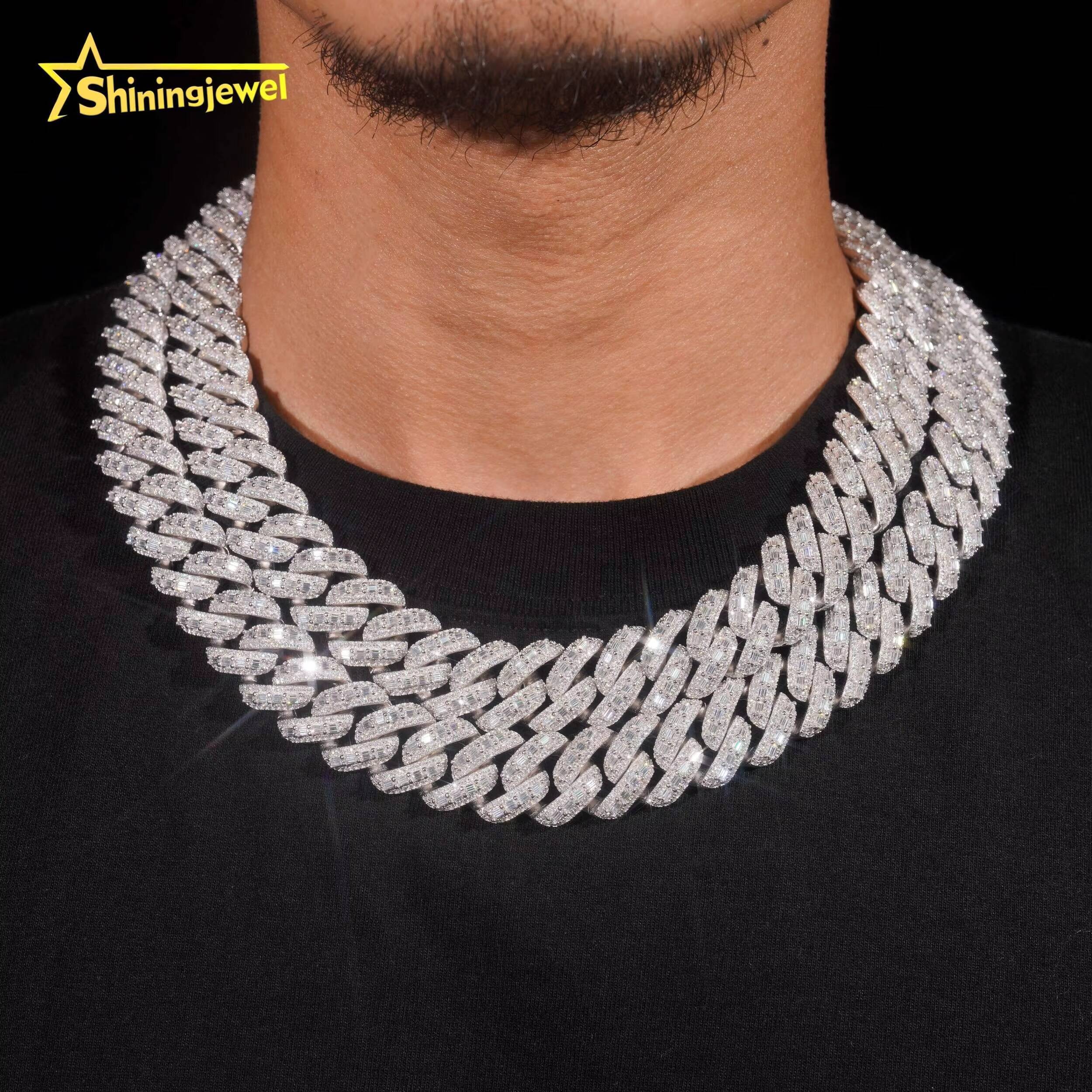 Rapper Jewelry Luxury Hip Hop Style Baguette Moissanite Iced Out 18mm 925 Silver Diamond Cuban Link Chain