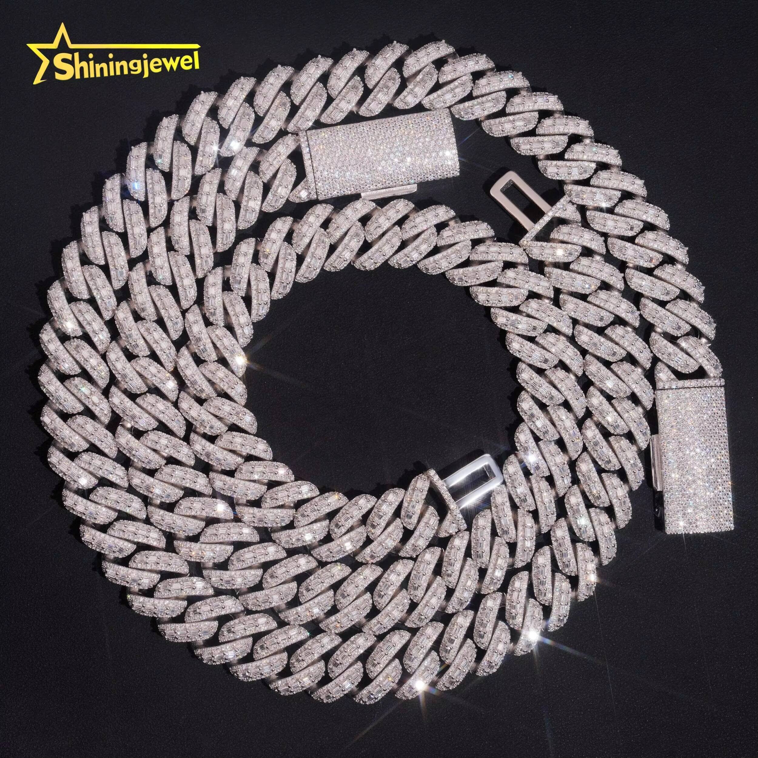 Rapper Jewelry Luxury Hip Hop Style Baguette Moissanite Iced Out 18mm 925 Silver Diamond Cuban Link Chain