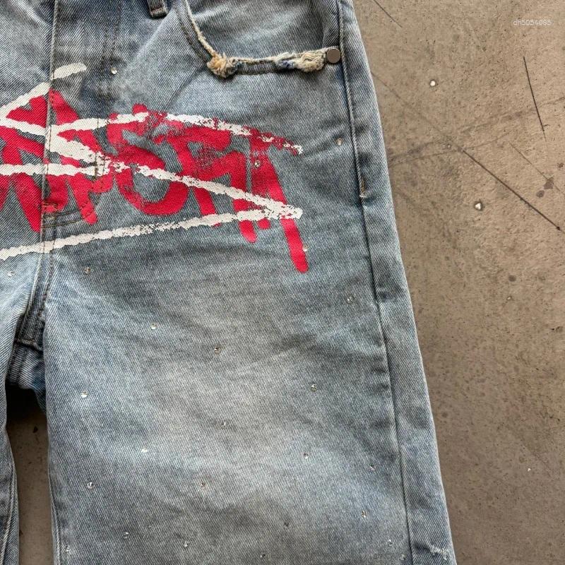 Men's Shorts Jorts Rhinestone Graffiti Distressed Printed Denim Men Women Trend Retro Hip Hop Streetwear Unisex Baggy Short Pants