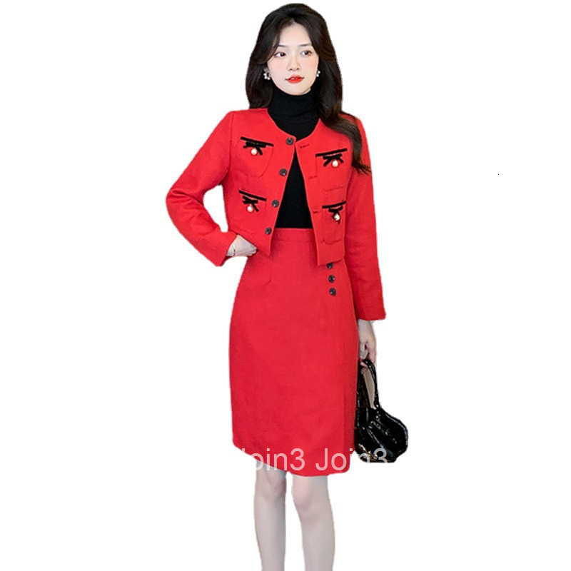 New Year Festive Red Youthful Little Fragrance Set for Women Autumn Winter New Short Coat and Midi Skirt Two-Piece Internet Celebrity Book