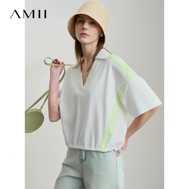Amii Minimalist Cotton TShirts For Women 2025 Summer VNeck Pullover Loose Short Shoulder Sleeve Chic Commute Tops 12552001 250724