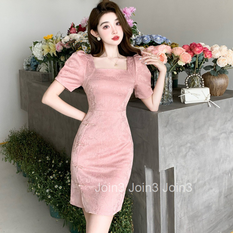 Summer New Womens Socialite Square Neck Waist-Cinching Slimming Elegant Bodycon Short Dress Short Sleeve Sexy Dress
