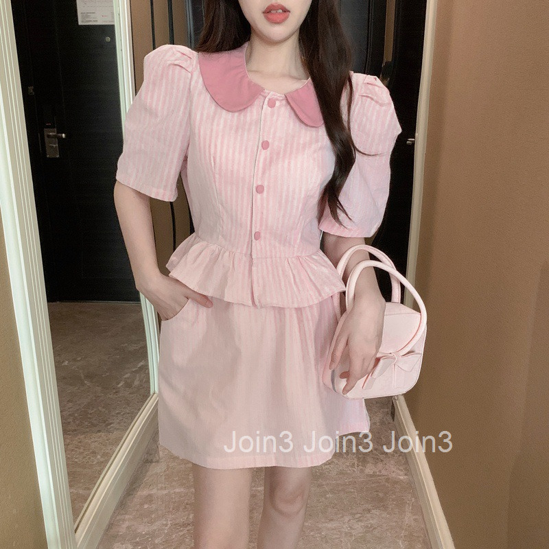 Short Sleeve Top and Short Skirt Summer New Striped Youthful Turn-Down Collar Shirt + Elastic Waist Pocket Short Skirt Set for Women