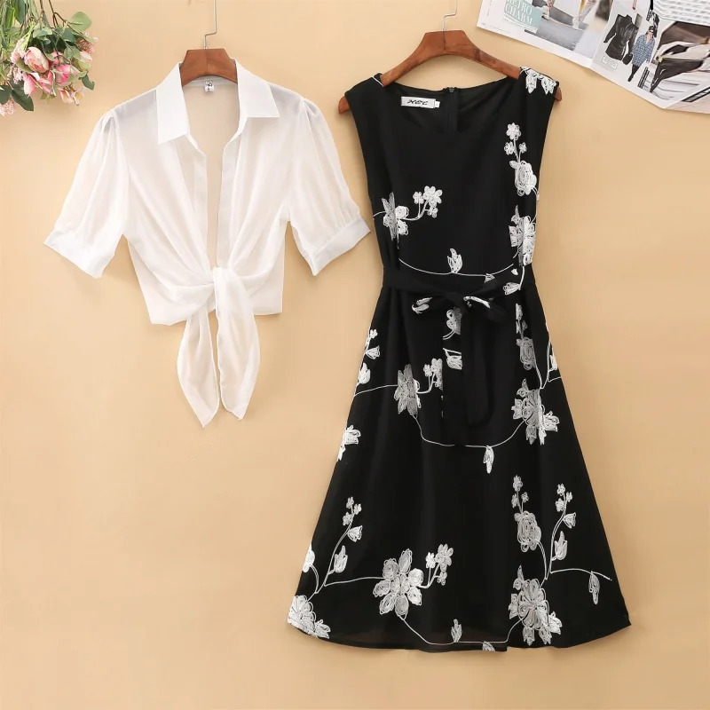 Elegant Suit Twopiece Dress High Waist Sleeveless Slim Aline Skirt Floral y White Top Bow Belt Vintage WOMEN 250729