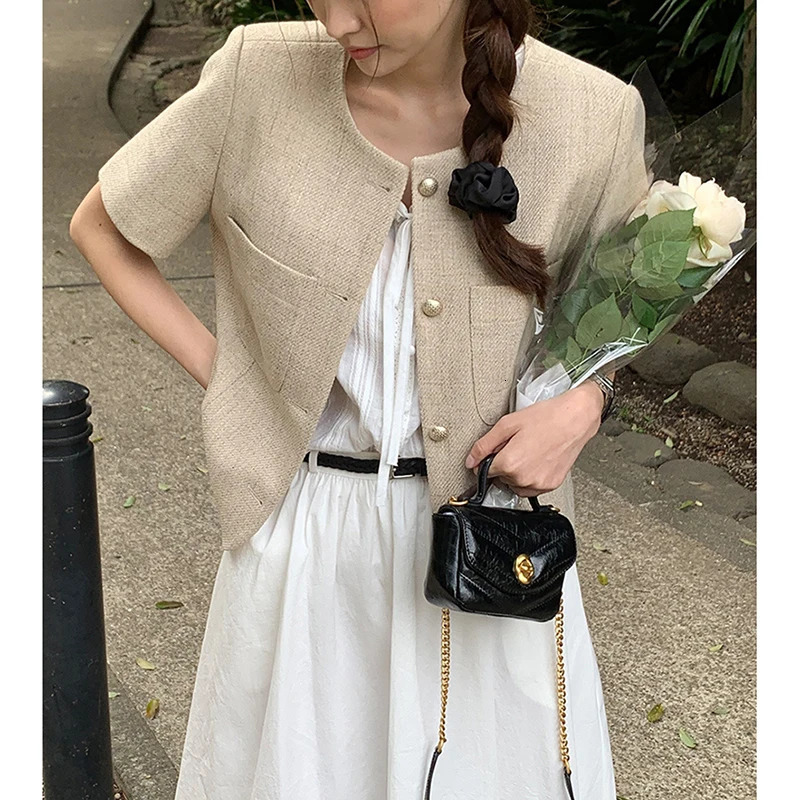 Temperament Suit Jacket Women Summer Single Breasted Slim Short Sleeved Top Harajuku Coat Womens Tweed Pink Shirt w250729