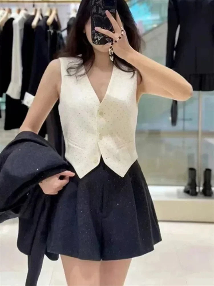 Women Pearl Decoration Tweed ThreePiece Set Short Sleeve Cardigan Shirt Sleeveless Vest Outerwear or Long Pants 250729