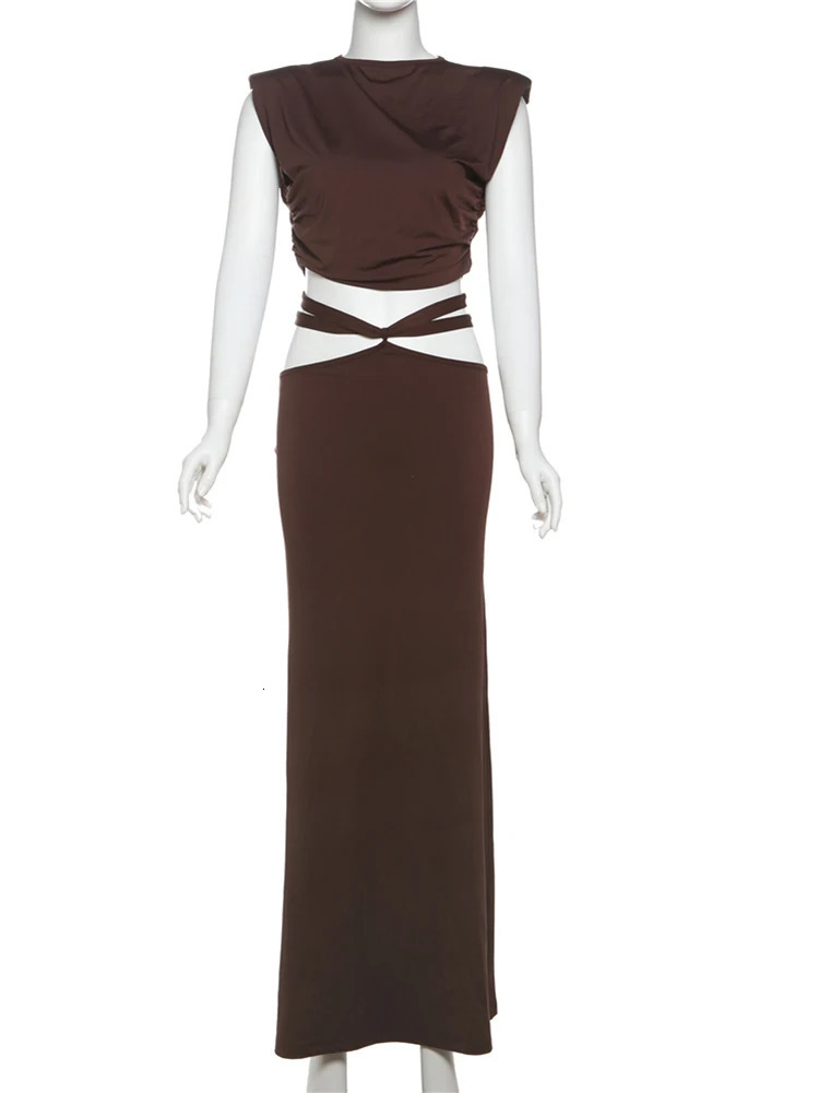 2 Piece Set Women ONeck Sleeveless Crop TopsHollow Bandage Long Skirt Trend Ruched Elegant Suits 250729