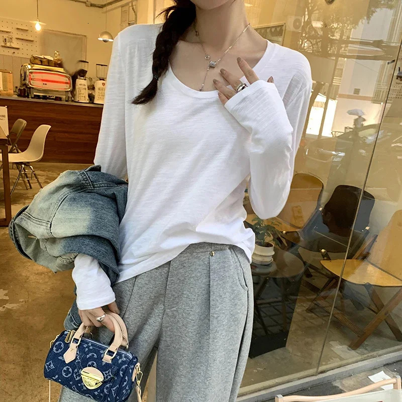 Womens Spring Summer 100% Cotton Basic Solid Long Sleeve Loose Tshirt Bottoming Tops Shirts 250729