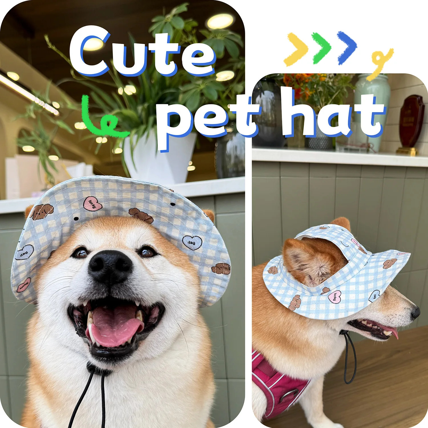 Pet Sun Hat Cartoon Plaid Canvas Puppy Cat Shiba Inu Corgi Out with Ears Fisherman Hat 250729