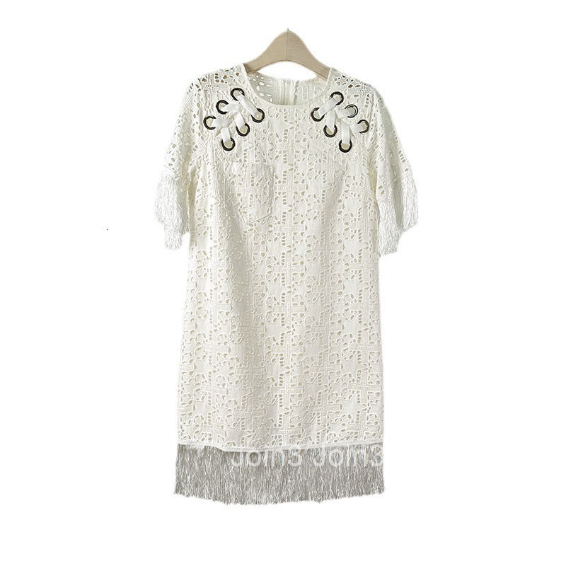 Summer New French Style Round Neck Tassel Loose Waist Hollow Out Simple Short Dress Elegant Short Sleeve Dress