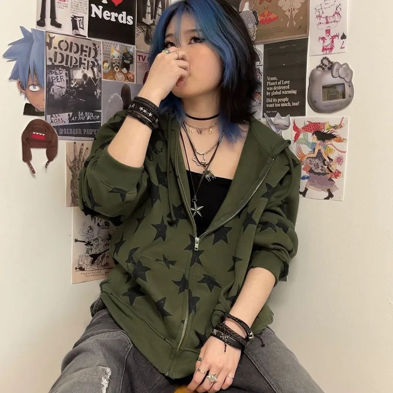 2K Vintage Gothic Women Hoodie Fashion Stars Print Zip Up Autumn Winter Hip Hop Long Sleeve Jacket Coat Loose Hooded Sweatshirt 250729