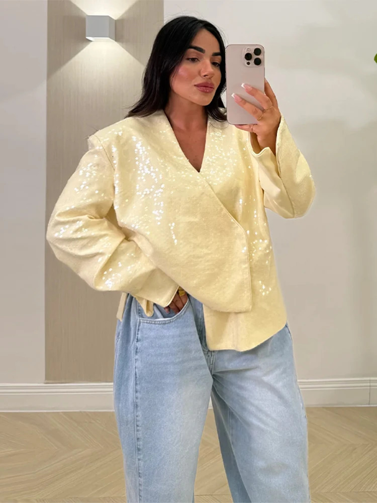 Fashion Sequined V Neck Women Suit Jacket Elegant Long Sleeve Oversize Female Coats Autumn Single Button Jackets Street 250729