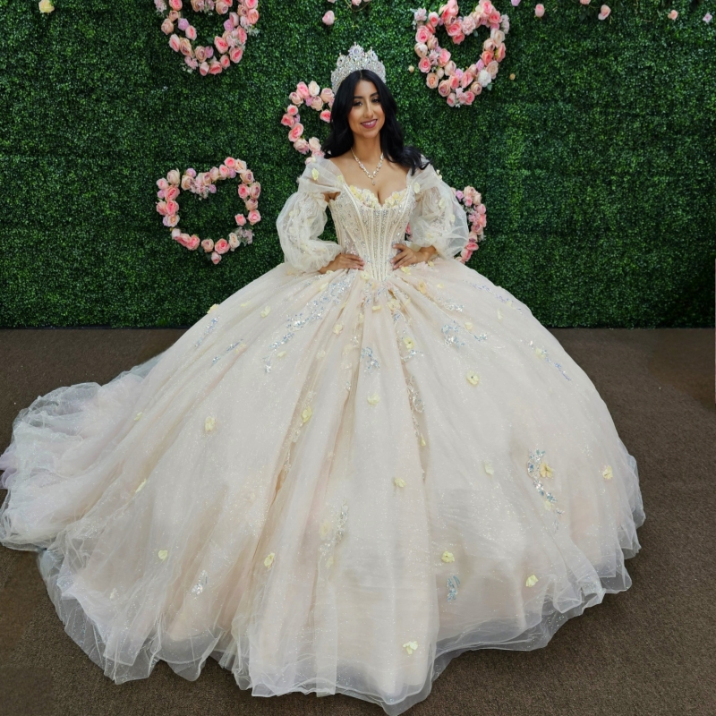 Light Champagne Shiny Quinceanera Dresses Off The Shoulder Appliques Flower Beads Tull Puff Sleeve Ball Gown Vestidos De 15 Anos Sweet 16 Dress