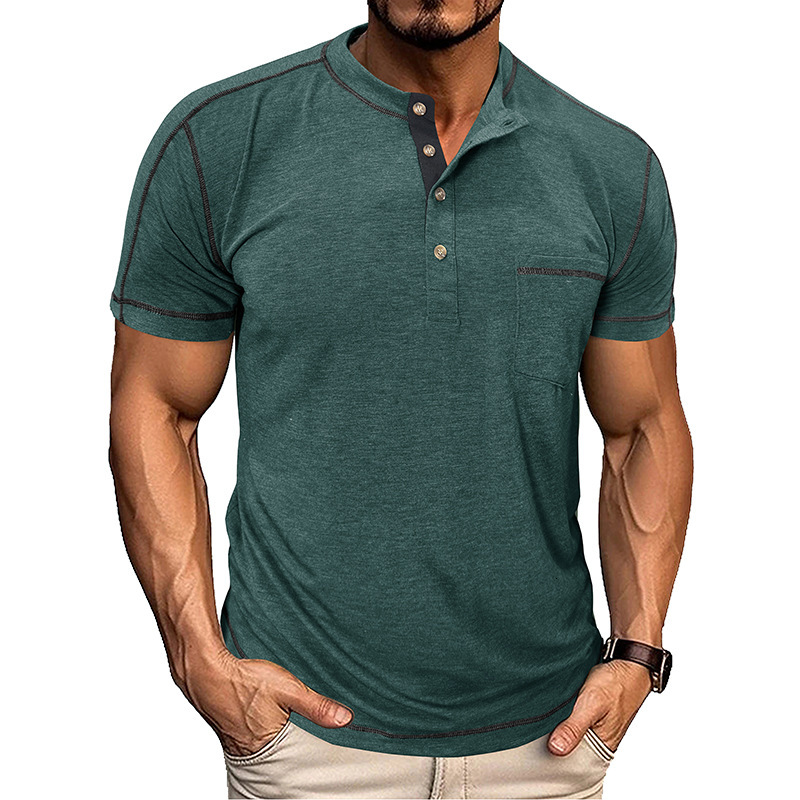 American Style Mens Round Neck Short Sleeve Half Sleeve Henley Base Shirt Top Mens Half Sleeve Fashion Color Block T-Shirt