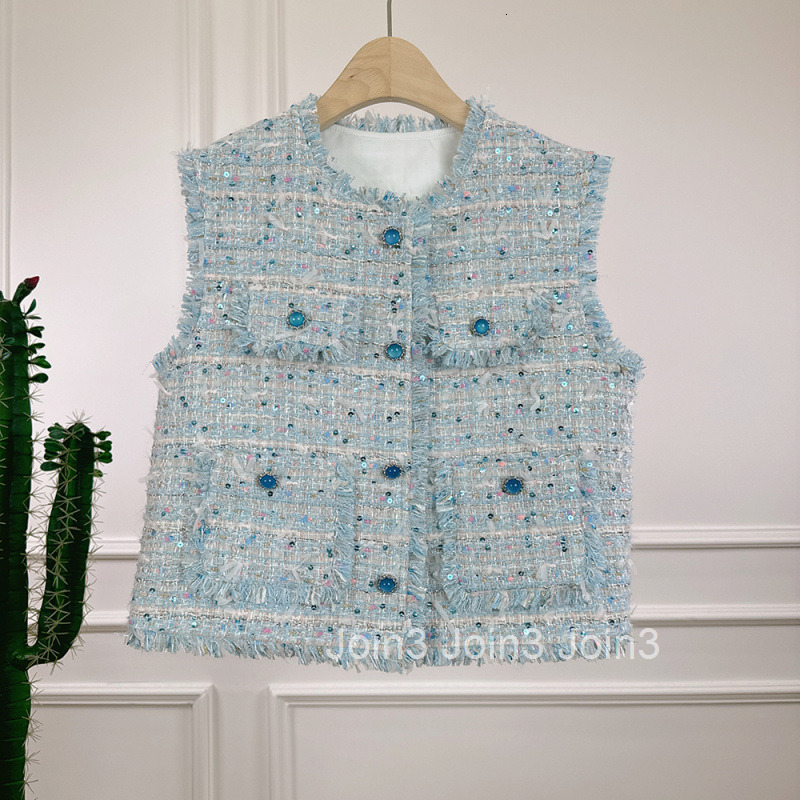 2025 Spring New Small Fragrance Style Pink Blue Sequin Heavy Craft Socialite Light Luxury Age-Reducing Versatile Commuting Business Vest for Women
