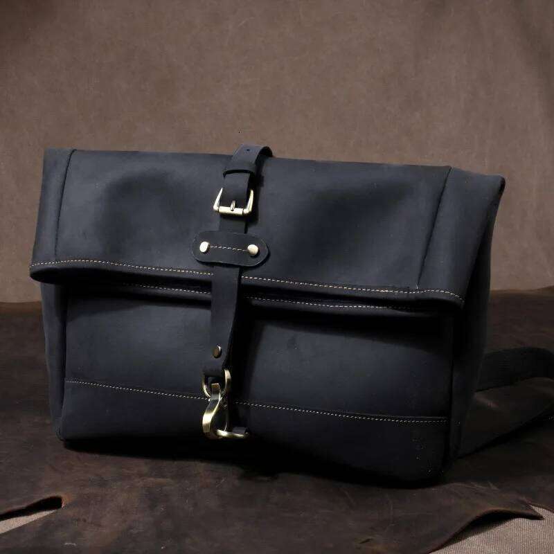 OLOEY Vintage Crazy Horse Leather Messenger - Genuine Full-Grain Cowhide Crossbody Bag with Antique Brass Hardware