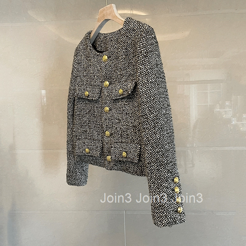 Spring Winter New Fashion Stylish Wool Tweed Slim Fit Petite Tall Slimming Coat for Women with Gold Buttons