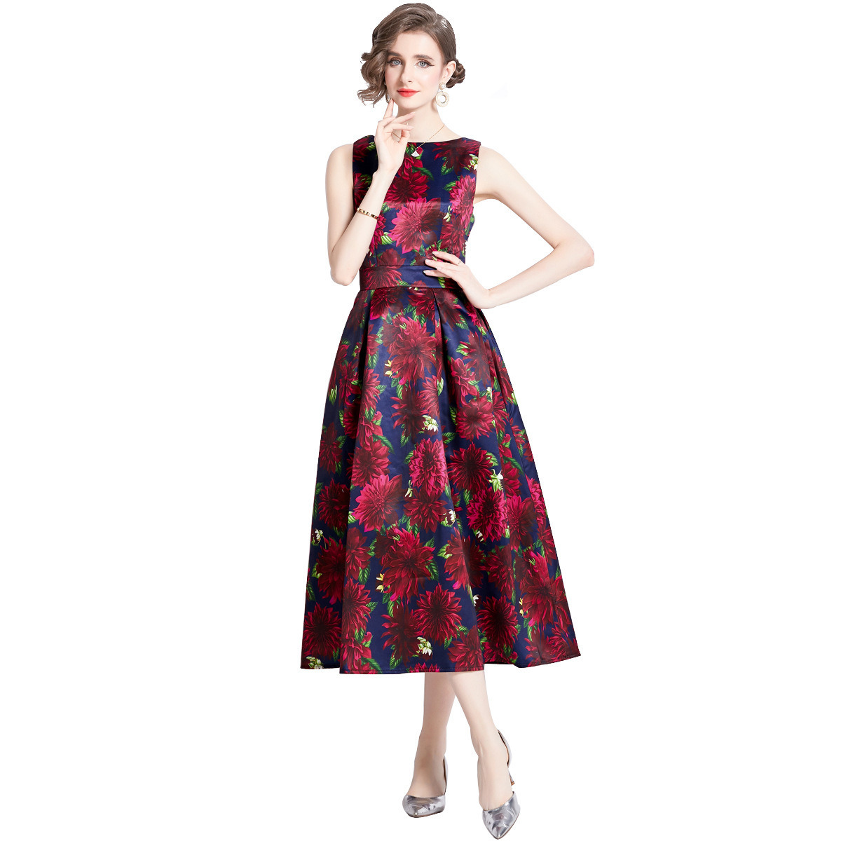 859 Summer New Womens Floral Sleeveless High Waist Long Dress Slim Waist A-line Dress