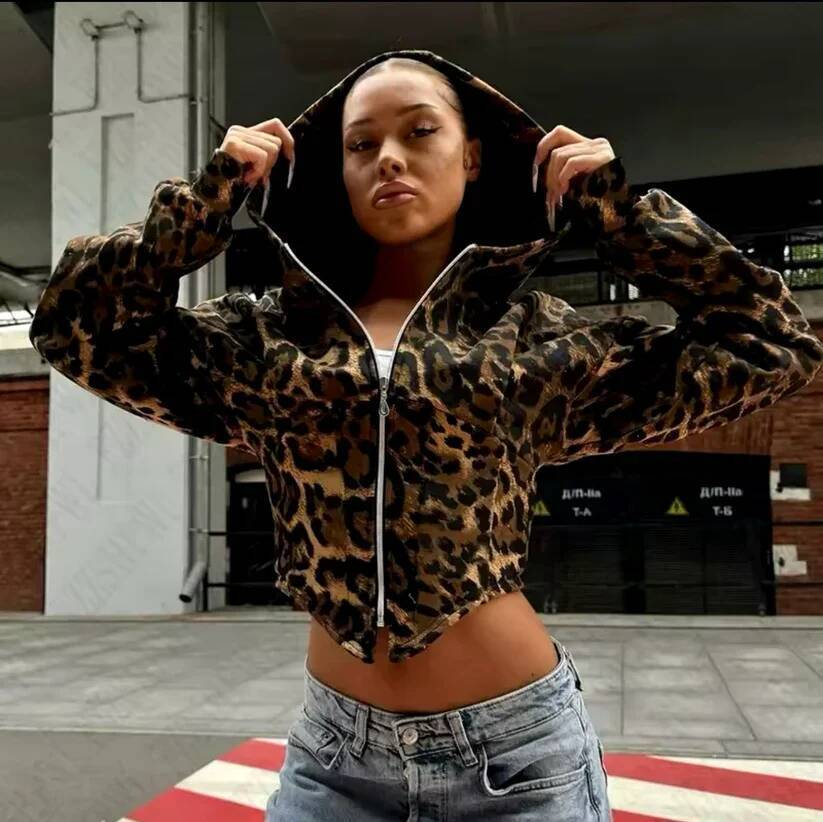 New Street Clothes Retro Leopard Print Y2k Womens Long Sleeve Zipper Cardigan Punk Short Hoodie Casual Sweatshirt