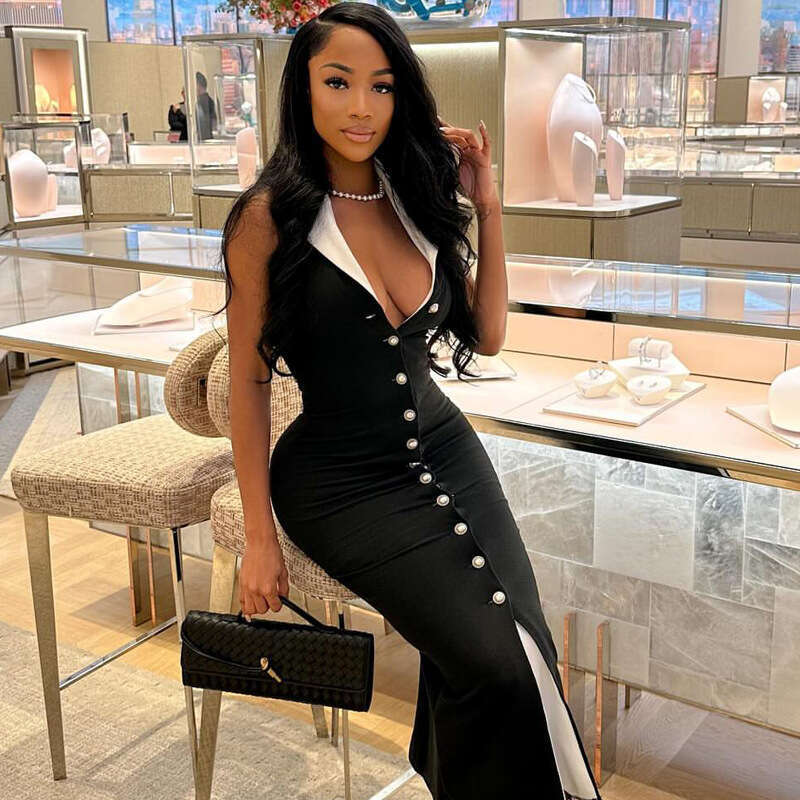 Elegant And Sophisticated Color-Block Slim Fit Button Women's Mid-Length Dress B5