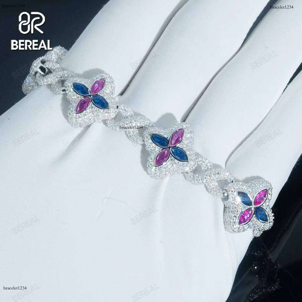 Vvs Iced Out Moissanite Blue Flower Baguette Cuban Chain Hip-Hop Bracelet Gold and Sier Premium Jewelry for Men