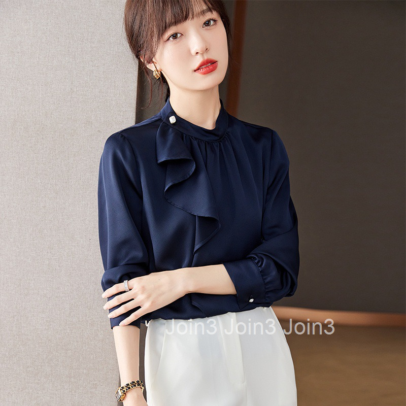 Autumn New Plus Size Womens Navy Blue Elegant Ruffled Long Sleeve Shirt Womens Blouse Top