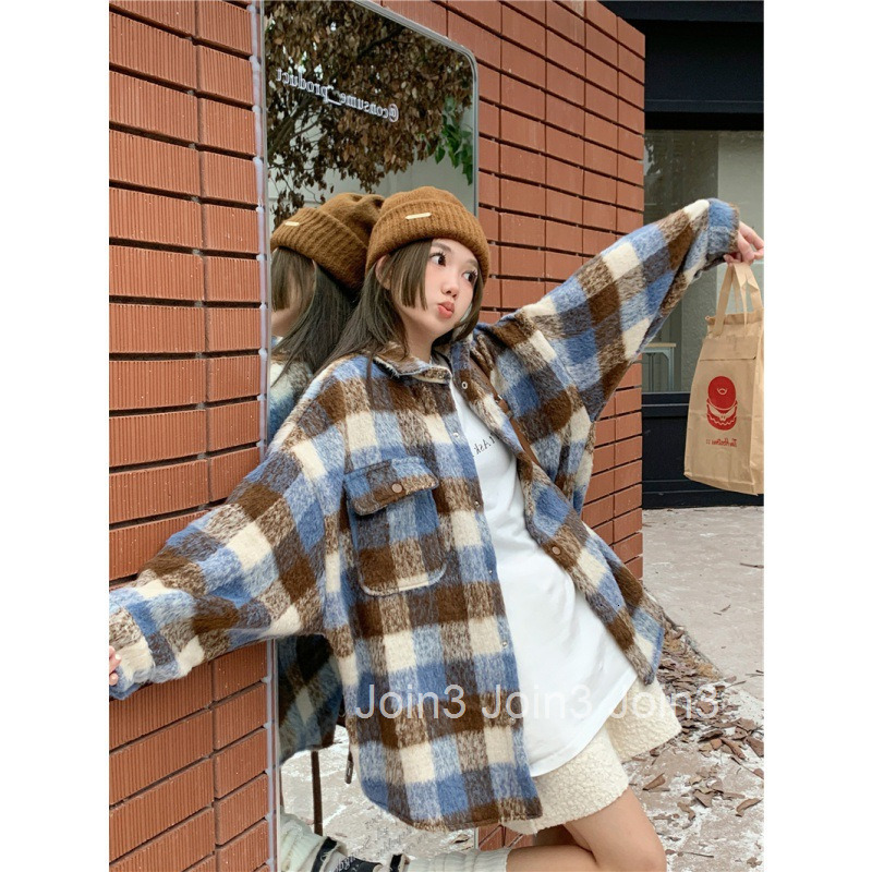 Autumn Winter New Socialite Plaid Lazy Loose Thick Long Sleeve Jacket Woolen Coat Womens Mid-Length Coat