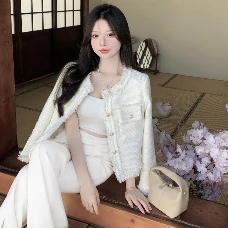 Lucyever Korean Fashion Plaid Tweed Jacket Women White Round Neck Cropped Tassel Coat Autumn Single Breasted Office Lady Outerwear 250729