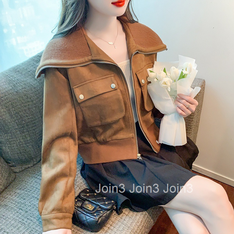 Autumn Winter New Large Lapel Deerskin Velvet Spliced Knitted Long Sleeve Short Coat Womens Fashion Trendy Jacket Top