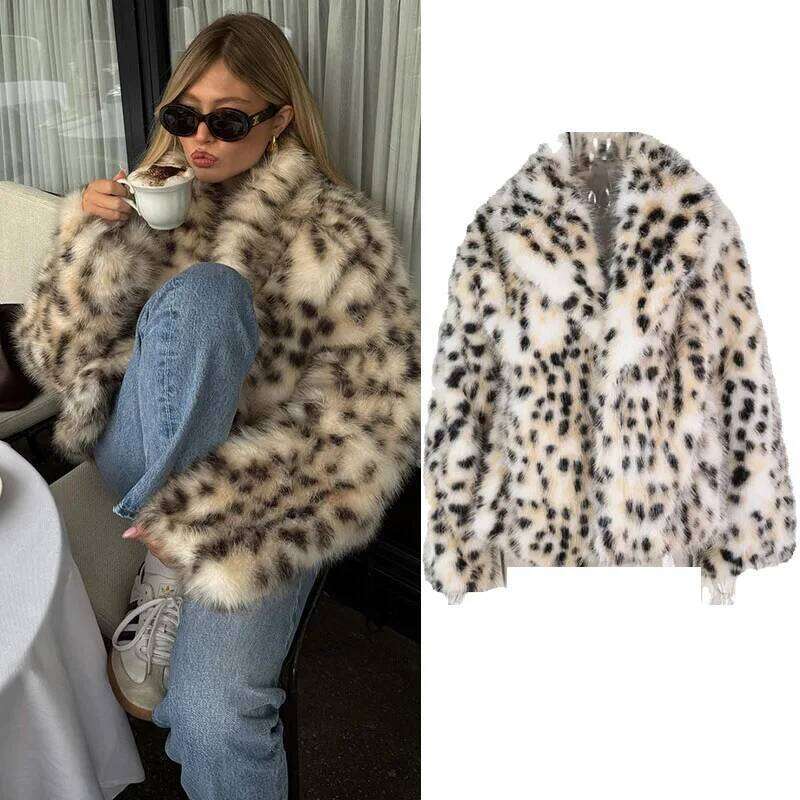 Leopard Loose Thicken Long Sleeves Plush Warm Coats Faux Fur Jackets 2025 Autumn Winter Chic Women Urban Outwears