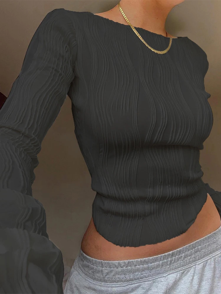 Women Fashion Casual Ruched Long Sleeve T-shirt Blouses Female White Skinny Cropped Bottoming Shirt Autumn Y2K Top Clothes 250725