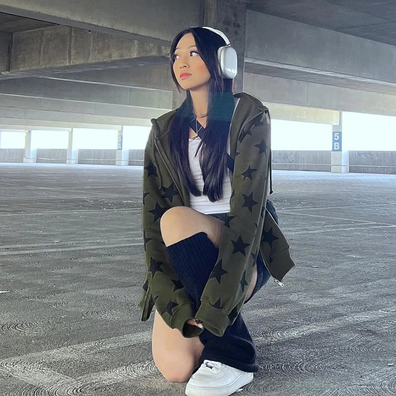 2K Vintage Gothic Women Hoodie Fashion Stars Print Zip Up Autumn Winter Hip Hop Long Sleeve Jacket Coat Loose Hooded Sweatshirt 250729