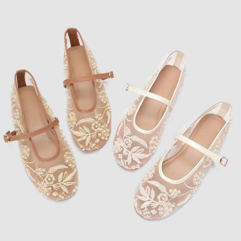 White Pearl Mesh Embroidery Ballet Flats Women Elegant String Bead Flat Sandals Light Summer Mary Jane Shoes Zapatos De Mujer