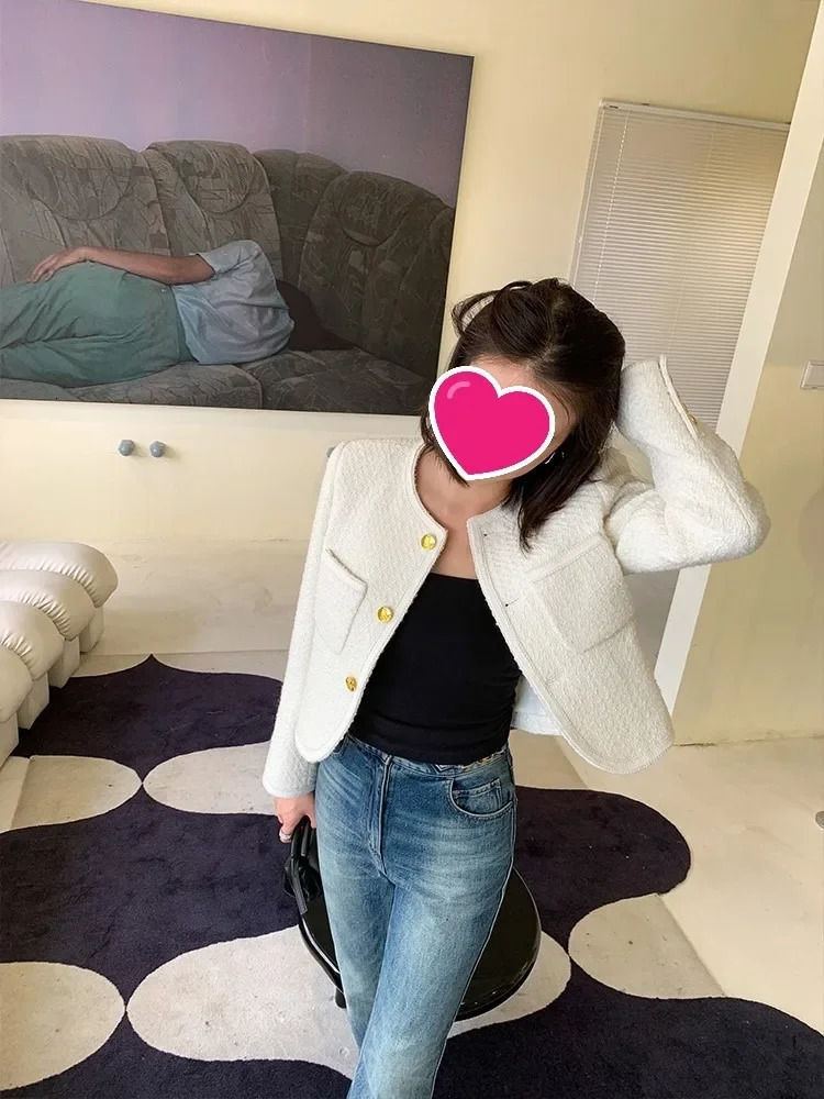 Autumn Black Tweed Coat Women Korean Elegant Oneck Slim Fit Tops Y2k Grunge Long Sleeve Jackets Mujer 250729