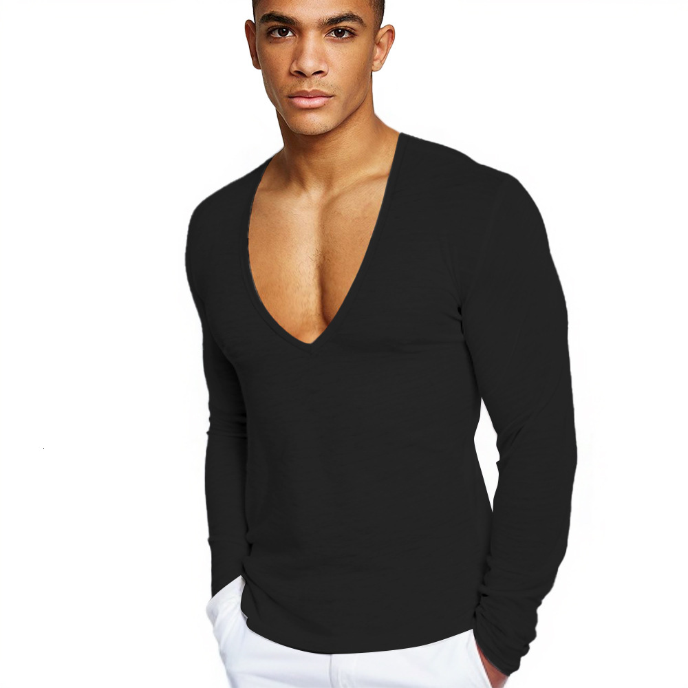 Mens T-Shirt Deep V-Neck Cotton Spring Autumn Long Sleeve Sports Solid Color European Size Trendy Fitness American Style Mens Sweatshirt