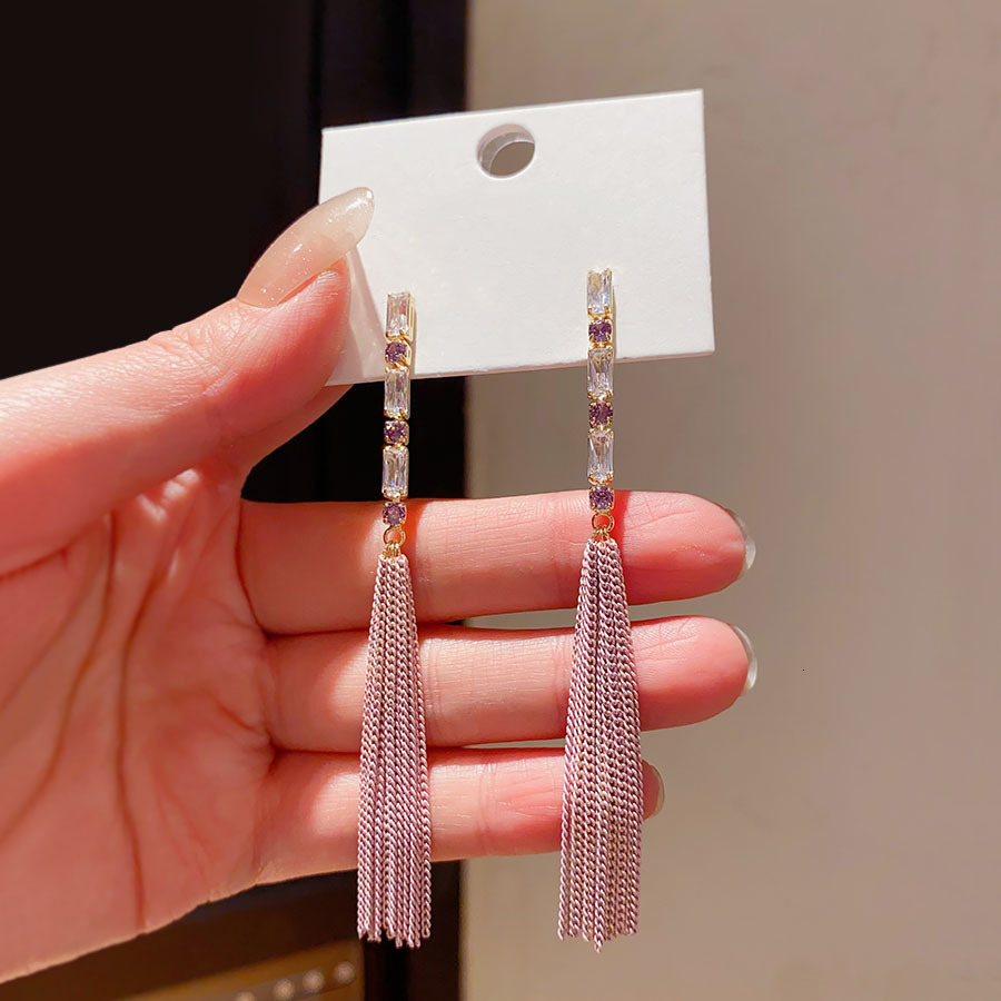 Sier Needle Zircon Chain Tassel Fashion Commuting Elegant Temperament Stud Exquisite Light High-end Feel Earrings for Women