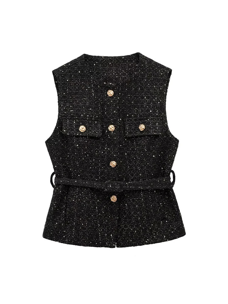 TRZAWomens Tweed Waistcoat with Belt O Neck Sleeveless Front Button Female Outerwear Chic Tops Fashion 250729