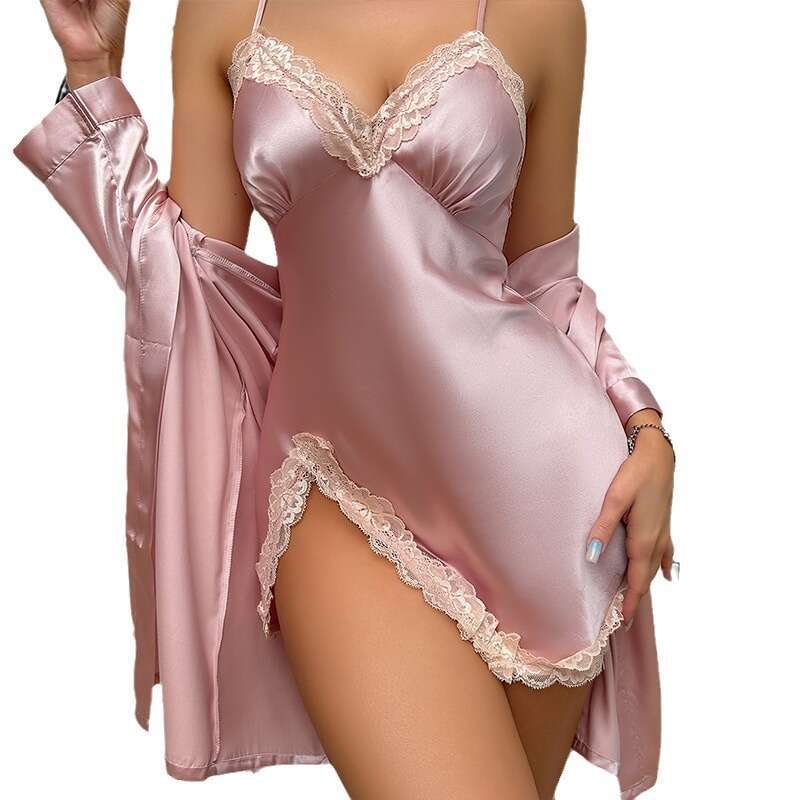 Satin lace camisole nightgown set, sexy deep V-slit sleepwear, private room seduction, home wear, can be paired with a two-piece set for the outside