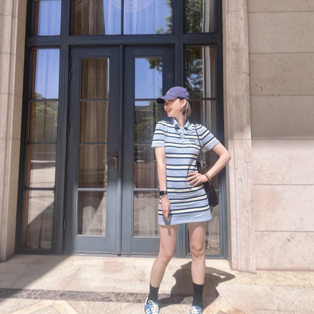 GY3145 Spring and summer new college style Polo collar contrast striped dress age-reducing versatile knitted skirt