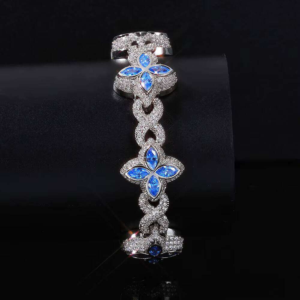Eskeem Blue Floral Cuban Bracelet Sterling Sier Iced Out Chain VVS Moissanite Hip Hop Jewelry