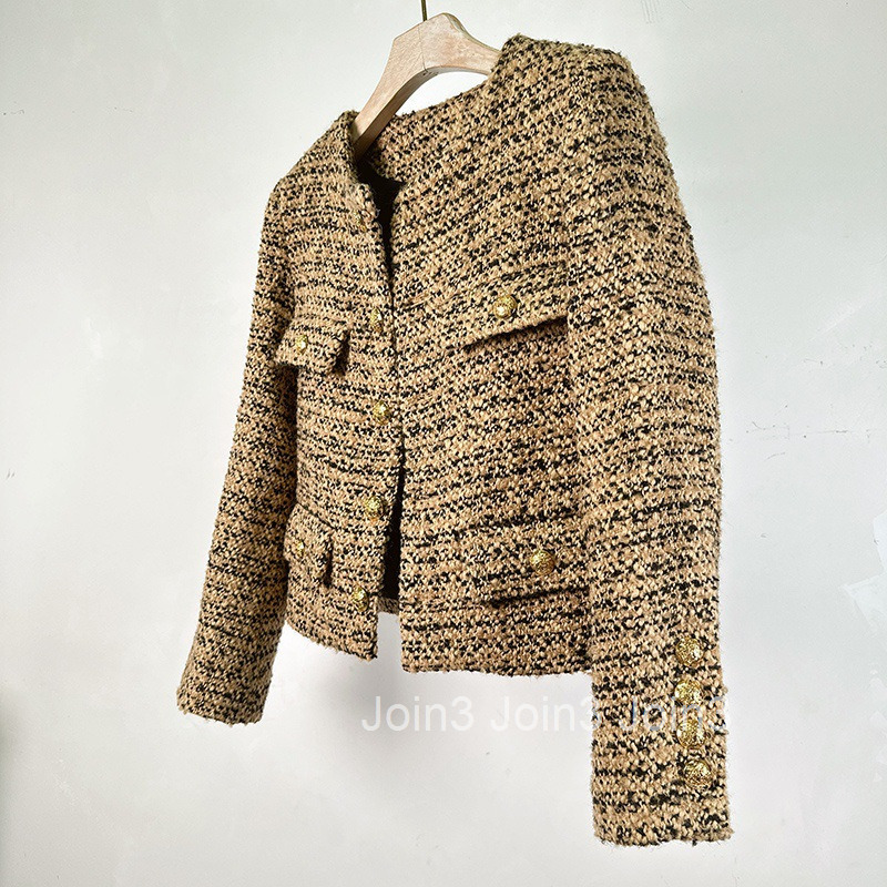 Autumn and Winter New Fashion Black Gold Flower Yarn Round Neck Short Style Tweed Wool Long Sleeve Coat Short Style Women