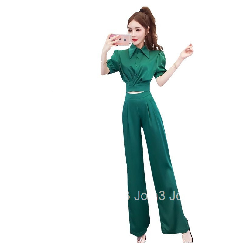 Summer Fashion Stylish Turn-Down Collar Single-Breasted Short Sleeve Top + Split Long Pants Two-Piece Set for Women