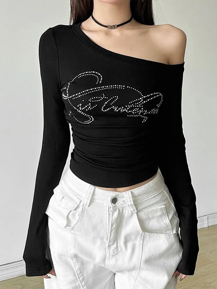 Autumn Womens Tshirt Streetwear Fashion Long Sleeves Casual Slim Tees Black Sexy Skew Collar Female Versatile Top 250729