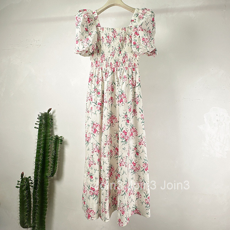 Summer Womens New French Fashion Waist-Cinching High-Waist Floral Dress Off-Shoulder Short Sleeve Mid-Length Dress