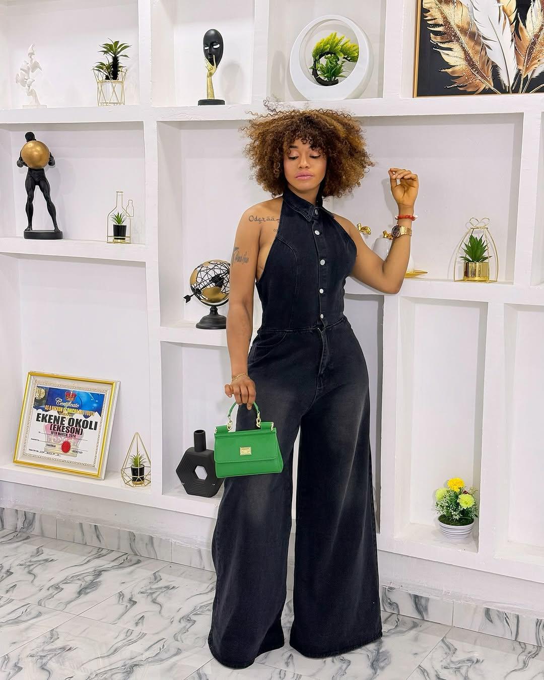 Summer new womens style lapel hanging neck single breasted backless denim jumpsuit pants