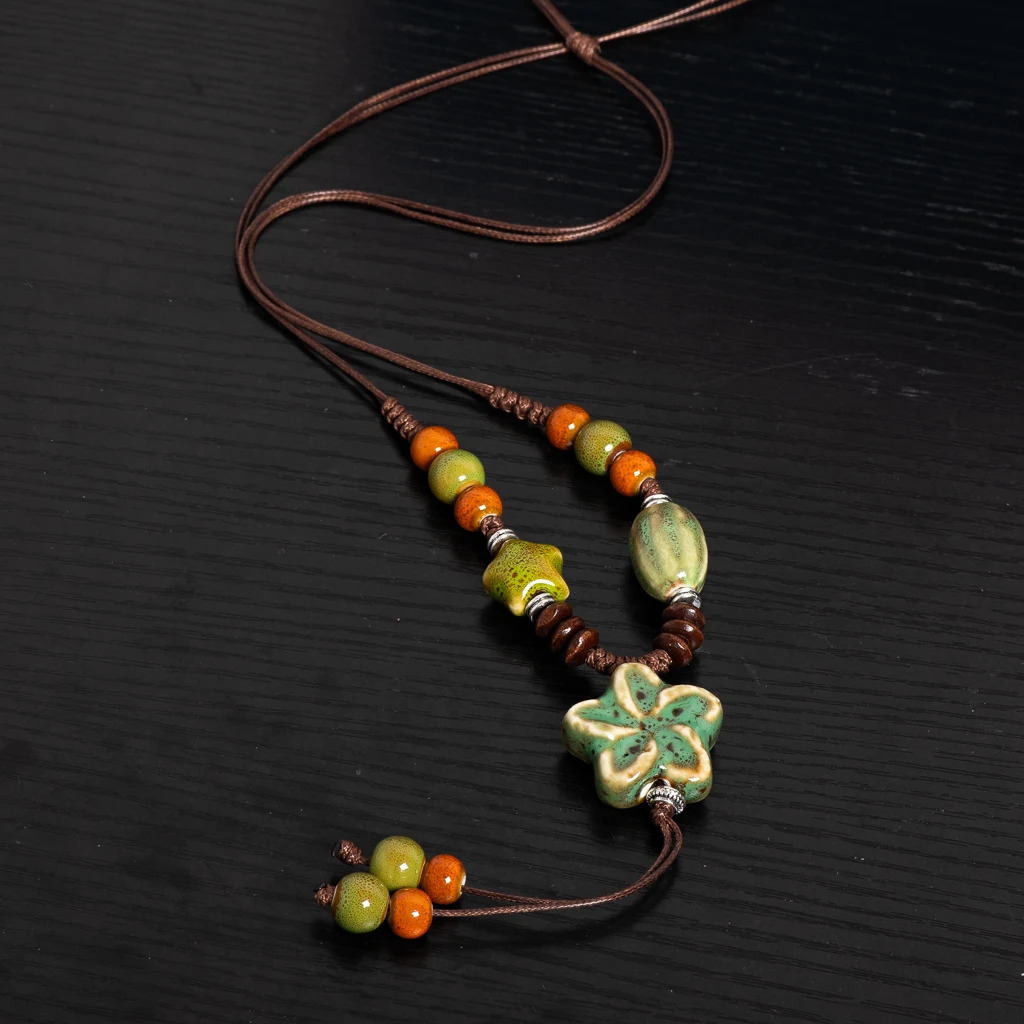 Nature-Inspired Handmade Ceramic Necklace Adjustable Boho Ethnic Jewelry Green Blossom Pendant Long Artisan Statement S02-051 250729
